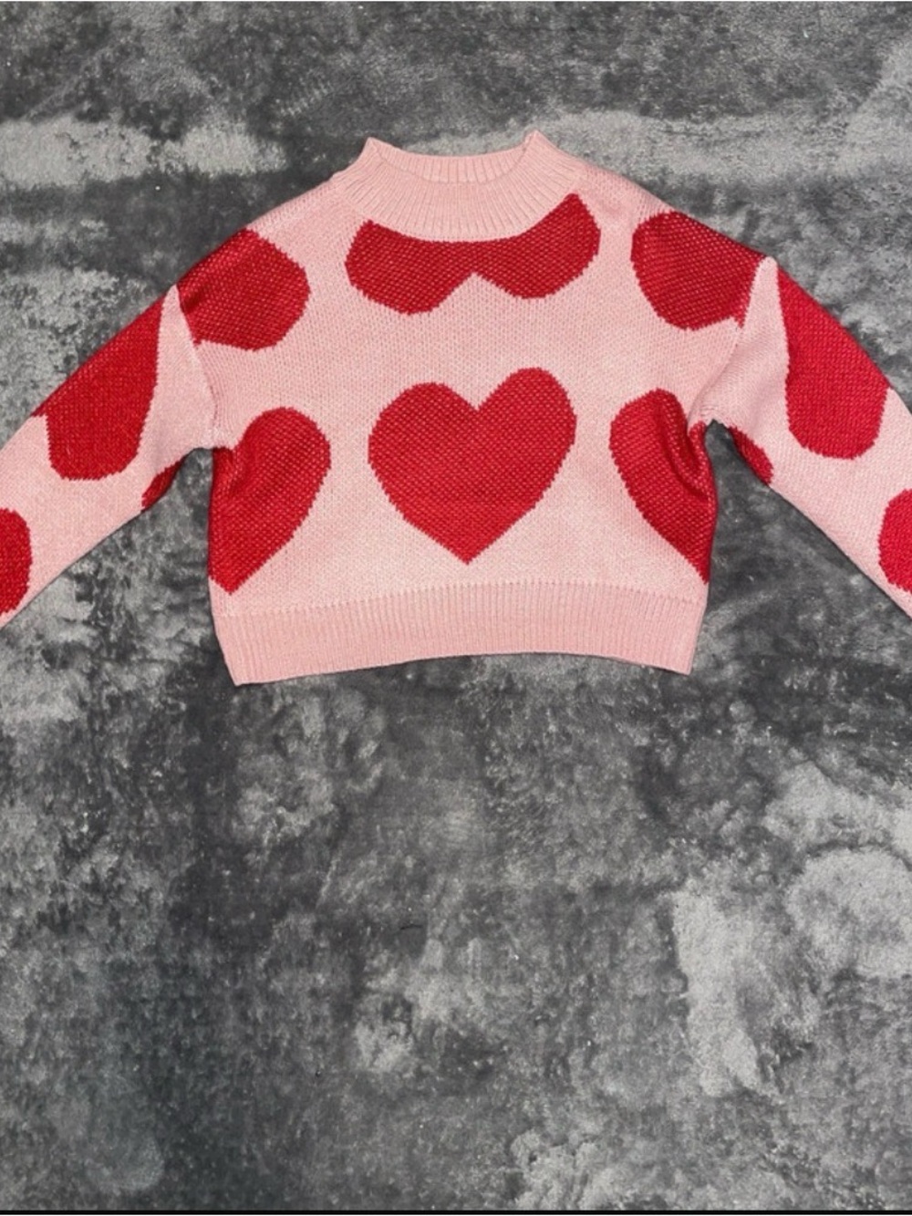 Girls Pink Heart Knit Sweater with Red Heart Motifs